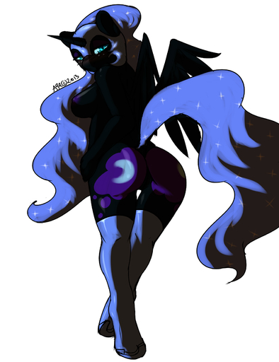 anthro anthrofied avante92 black_body black_feathers breasts butt equid equine feathered_wings feathers female hi_res horn horse looking_at_viewer mammal nightmare_moon_(mlp) presenting side_boob simple_background solo white_background winged_unicorn wings // 1280x1664 // 601.4KB