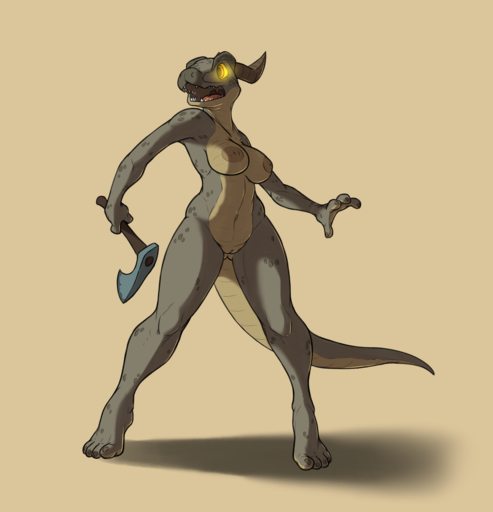 2016 anthro areola argonian axe battle_axe breasts brown_areola brown_nipples casual_nudity fangs female genitals glowing glowing_eyes hi_res melee_weapon nipples non-mammal_breasts nude open_mouth pussy reptile scales scalie simple_background siroc solo teeth video_games weapon yellow_body yellow_eyes yellow_scales // 1504x1562 // 540.3KB