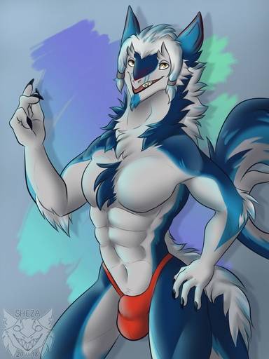 3:4 abs anthro blue_body blue_fur bulge chest_tuft clothed clothing fur hands_on_hips hi_res looking_at_viewer male muscular muscular_anthro muscular_male pecs sergal shysa-the-sergal solo thong thorin topless tuft underwear // 960x1280 // 177.0KB