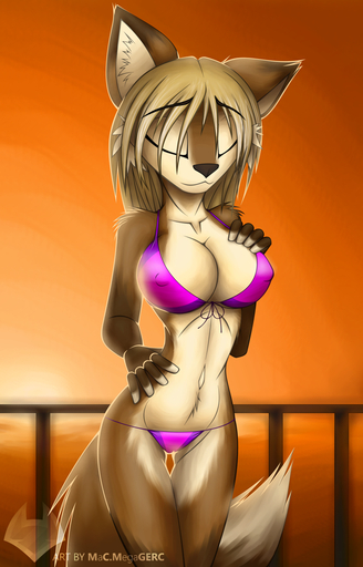 anthro big_breasts bikini breasts camel_toe canid canine cleavage clothed clothing eyes_closed female fox karina_(macmegagerc) macmegagerc mammal skimpy slim solo sunset swimwear thigh_gap tight_clothing // 640x1000 // 600.5KB