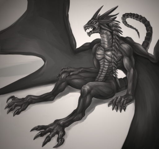 2015 abs anthro bahamut biceps biped claws digitigrade dragon hi_res horn klongi male membrane_(anatomy) membranous_wings monochrome muscular muscular_anthro muscular_male nude open_mouth pecs pose scalie simple_background sitting solo video_games western_dragon wings // 1500x1400 // 1.8MB