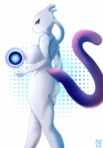 anthro blue_eyes breasts butt female hi_res horn legendary_pokemon mewtwo moonfluffmf nintendo pokemon pokemon_(species) pose rear_view solo video_games walking white_body // 1418x2048 // 226KB