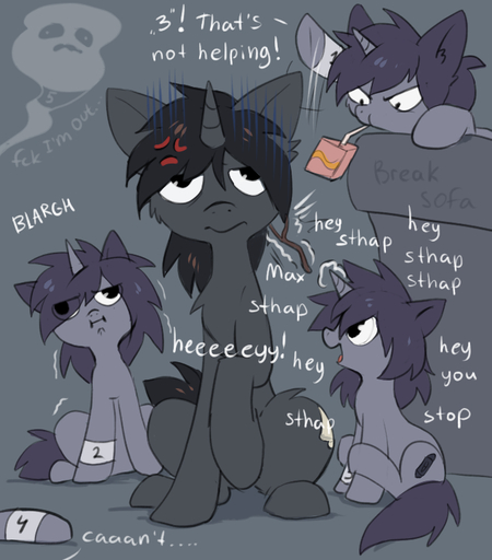 black_eyes black_hair english_text equid equine fan_character female feral fluffy fur grey_background grey_body grey_fur group hair hioshiru hooves horn horse kate_(hioshiru) male mammal nude purple_hair simple_background sitting text unicorn // 677x770 // 266KB