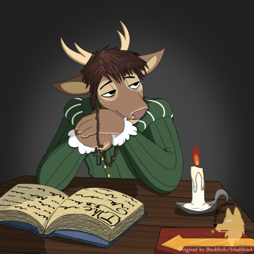 1:1 anthro book candle cervid cervine clothed clothing crucifix deer_prince djcoyoteguy hi_res hladilnik male mammal rosary simple_background solo // 1481x1481 // 1.2MB