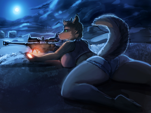 anthro big_breasts bottomwear breasts brown_body brown_fur butt canid canine canis clothing female full_moon fur general-irrelevant grass green_eyes gun holding_object holding_phone looking_at_object looking_at_phone looking_down mammal moon night outside phone plant ranged_weapon rifle shorts sniper_rifle solo weapon // 1440x1080 // 1.6MB