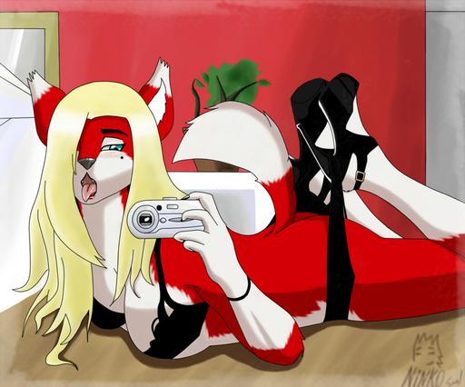 anthro big_breasts blonde_hair breasts camera canid canine female fox fur green_eyes hair holding_camera holding_object lisa_(disambiguation) looking_at_viewer lying mammal mirror_selfie nnecgrau on_front open_mouth selfie solo // 1400x1166 // 1.1MB