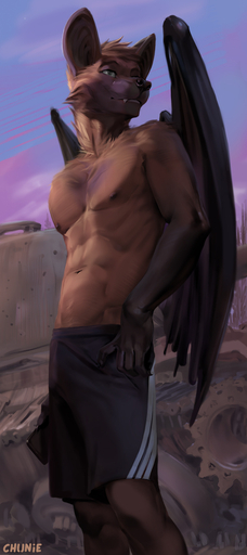 2022 anthro bottomwear brown_body brown_fur bulge chiropteran chunie clothed clothing detailed_background digital_media_(artwork) fur hi_res male mammal membrane_(anatomy) membranous_wings nipples phone pteropodid shirtless shorts sky solo tank vehicle wings // 571x1280 // 265.2KB