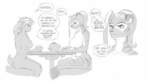after_transformation anthro big_breasts breasts comic corablue duo english_text felid female greyscale lagomorph leporid magic_user mammal monochrome pantherine rabbit speech_bubble text tiger trainer // 1280x711 // 119.4KB