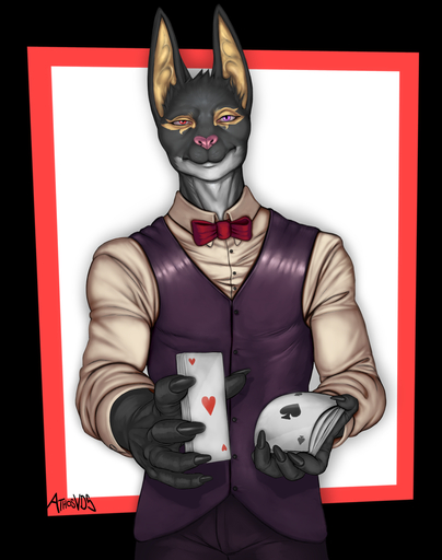 <3 anthro athosvds black_body black_fur bow_tie canid canine canis card fur heart_nose heterochromia jackal looking_at_viewer male mammal solo // 908x1150 // 544.1KB