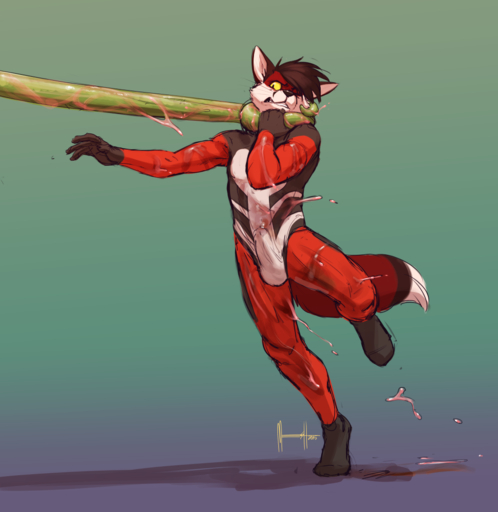 anthro bodysuit bulge canid canine clothed clothing digital_media_(artwork) erection erection_under_clothing fox fur genitals goo_tentacles jumpsuit kenji_ono male mammal meesh penis peril skinsuit slime solo spandex tentacles tight_clothing // 1000x1029 // 370.0KB