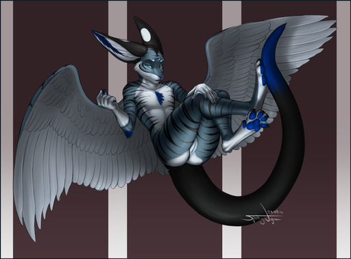 ajna_(character) anthro anus biped blue_eyes blue_hair elfane feathered_wings feathers feet female flat_chested floating fur genitals hair hindpaw membrane_(anatomy) multi_eye nude paws pussy solo spottyjaguar striped_body striped_fur stripes toes webbed_feet webbed_hands wings // 840x620 // 285.7KB
