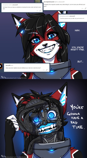 2016 android anthro ara ask_blog black_body black_fur black_hair blue_eyes clothing cybernetics domestic_cat english_text evil_grin fangs felid feline felis female fluff-kevlar fur glowing glowing_eyes gradient_background grin hair hi_res machine mammal multicolored_body multicolored_fur nightmare_fuel red_body red_fur robot robotic_reveal simple_background smile solo soul_devouring_eyes text white_body white_fur // 781x1410 // 302.3KB