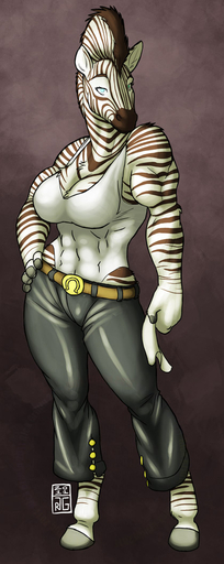 2011 abs anthro bare_shoulders barefoot belt big_breasts biped blue_eyes bottomwear breasts cleavage clothed clothing equid equine feet female hooves horse looking_at_viewer mammal mohawk muscular muscular_anthro muscular_female pants razor_(rickgriffin) rick_griffin shirt solo stripes tank_top topwear zebra // 420x1052 // 102.1KB
