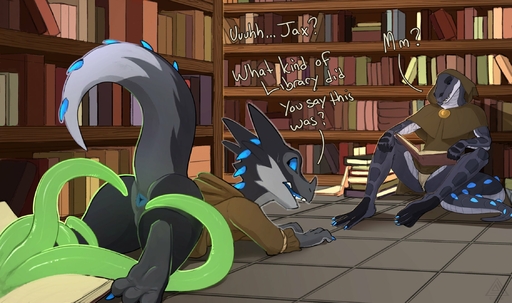 2022 3_toes ambiguous_gender anthro anus blue_anus blue_eyes bottomless butt clothed clothing dialogue duo elicitie feet grey_body grey_scales hi_res kobold library male scales scalie sitting soles spread_butt spreading tentacles text toes y_anus // 2253x1334 // 394.2KB