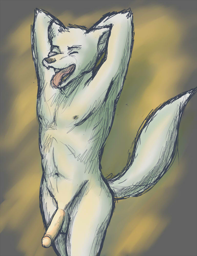 anthro balls canid canine canis digital_media_(artwork) erection eyes_closed glopossum male mammal nude open_mouth penis solo stretching wolf yawn // 769x1000 // 96.8KB