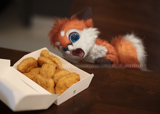ambiguous_gender blue_eyes canid canine chicken_meat chicken_nugget edit feral food fox fur mammal meat open_mouth photo_manipulation photomorph silverfox5213 solo teeth // 700x501 // 225.1KB