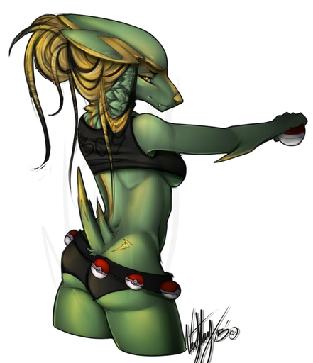 2015 anthro anthrofied belt breasts canid canine electrike female hair hi_res holding_object holding_pokeball looking_at_viewer mammal nintendo pokeball pokemon pokemon_(species) pokemorph simple_background smile solo standard_pokeball under_boob vexstacy video_games watermark white_background yellow_eyes // 1102x1280 // 143.2KB