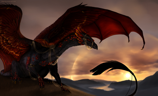 2016 ambiguous_gender claws day detailed_background digital_media_(artwork) dragon feathered_dragon feathered_wings feathers feral fur furred_dragon grass hi_res membrane_(anatomy) membranous_wings outside plant red_body red_eyes red_feathers scalie shwonky sky solo sun suns text url western_dragon wings // 2956x1803 // 4.3MB