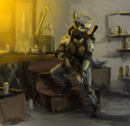 accessory anthro backpack boots bottomwear breasts clock clothing deebo dog_tags female footwear gas_mask gun headband hyaenid looking_at_viewer mammal marsonaut mask pants ranged_weapon rifle scope sleeveless soldier solo spotted_hyena warrior watch weapon // 926x900 // 367.8KB