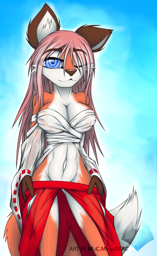 abstract_background anthro big_tail blue_eyes breasts canid canine cleavage clothed clothing female fox macmegagerc mammal one_eye_closed shrine_maiden simple_background skimpy solo thigh_gap translucent translucent_clothing wide_hips wink // 722x1175 // 822.0KB