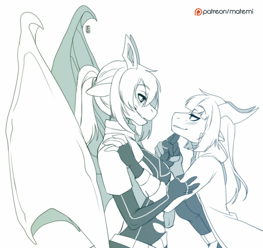 anthro clothed clothing dragon duo female hair hi_res horn matemi open_mouth simple_background smile watermark wings // 1280x1208 // 946.3KB