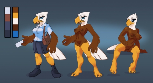2018 accipitrid accipitriform anthro avian bald_eagle beak bird bottomwear breasts brown_body brown_feathers clothed clothing delivery_(commerce) delivery_employee dress_shirt eagle feathers female front_view fully_clothed genitals model_sheet non-mammal_breasts nude offon postal_carrier postal_delivery pussy sea_eagle shirt siroc skirt solo standing topwear wendy_clarke // 1280x698 // 104.5KB
