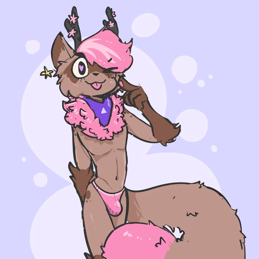 1:1 <3 <3_eyes anthro antlers bandanna brown_body brown_fur cervid clothing fur gelkoo_(character) hair hi_res horn hybrid kerchief looking_at_viewer male mammal one_eye_closed pink_body pink_fur pink_hair procyonid raccoon simple_background smile solo the_xing1 tongue tongue_out underwear // 2048x2048 // 191.9KB