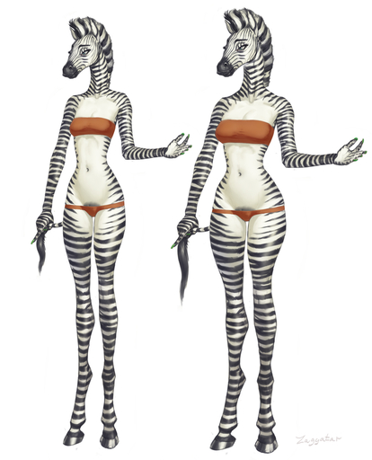 2017 anthro bandeau breasts clothed clothing equid equine female hi_res horse mammal pubes skimpy solo standing stripes thigh_gap topwear wide_hips zaggatar zebra // 971x1200 // 314.4KB