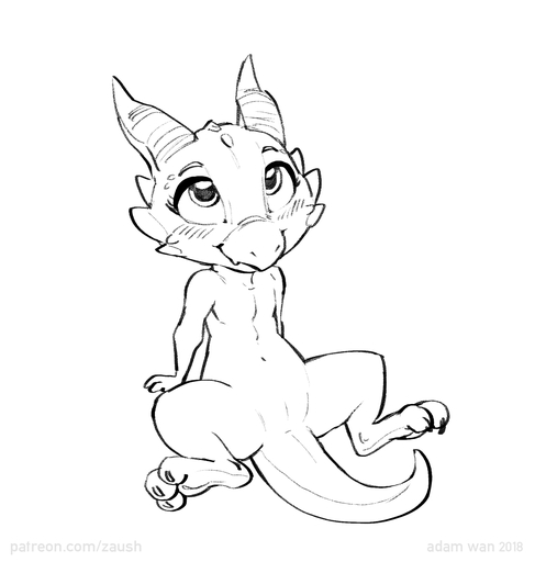 2018 anthro biped black_and_white blush claws cub female genitals hi_res horn kobold looking_at_viewer monochrome nude pussy scalie simple_background sitting sketch smile solo text toe_claws url white_background young zaush // 1426x1500 // 233KB