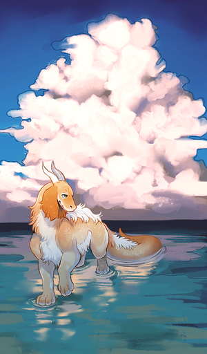 2020 4_toes ambiguous_gender brown_body brown_fur cloud day detailed_background digital_media_(artwork) dragon feet feral fur furred_dragon green_eyes hi_res hoot horn outside sky solo toes water wingless_dragon // 742x1267 // 1.1MB
