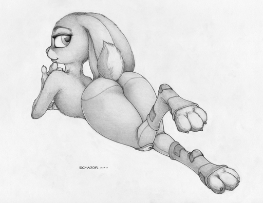2016 anthro big_ears biped boots butt claws clothed clothing disney ecmajor eyebrows eyelashes female flat_chested footwear fur greyscale judy_hopps knee_pads lagomorph leporid looking_at_viewer looking_back lying mammal monochrome presenting presenting_hindquarters rabbit simple_background smile solo topless zootopia // 1469x1135 // 1.2MB