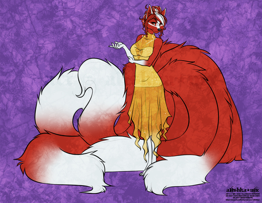 2019 5_fingers alishka anthro barefoot biped black_nose breasts canid canine clothed clothing digital_media_(artwork) dreamspinner dress feet female fingers fox fur hair looking_at_viewer mammal multi_tail red_body red_fur red_hair rita_(databank) solo standing // 1280x995 // 1.6MB