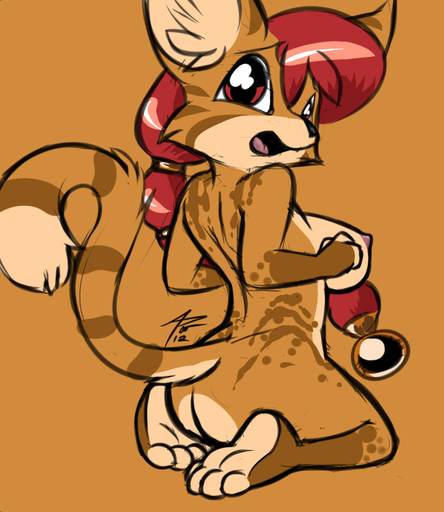 2012 anthro biped breasts butt countershade_feet countershading feet female genet hair janet_(disambiguation) kneeling looking_at_viewer mammal nipples nude orange_background paws red_eyes red_hair simple_background siroc solo surprise viverrid // 694x800 // 369.6KB