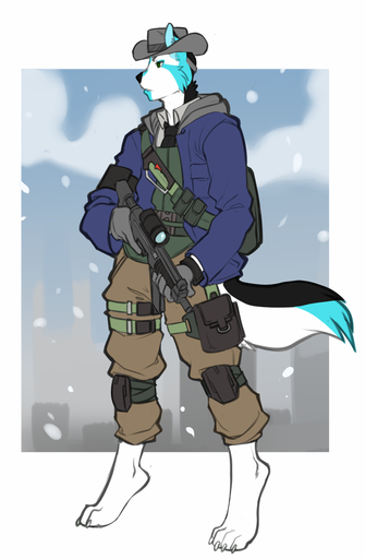 anthro canid canine clothed clothing faint fur gun hair hat headgear headwear male mammal open_mouth ranged_weapon rifle snow solo standing weapon // 720x1100 // 326.9KB