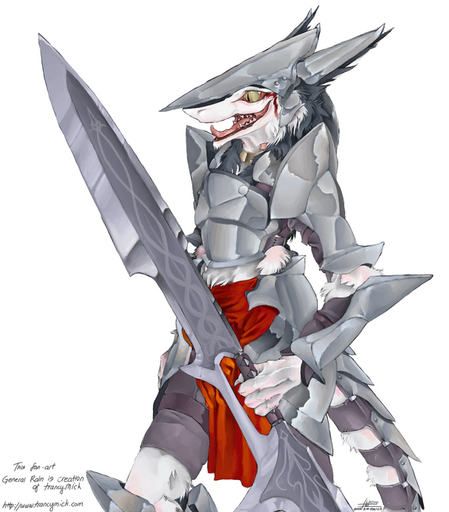 anthro armor biped female holding_object holding_sword holding_weapon mammal melee_weapon open_mouth pira portrait pupils rain_silves sergal simple_background slit_pupils smile solo standing sword text three-quarter_portrait tongue url warrior weapon white_background // 682x777 // 126.6KB