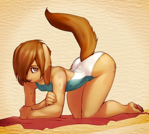 all_fours anthro brown_body brown_eyes brown_fur brown_hair canid canine clothed clothing crossdressing doxy fur girly hair looking_at_viewer male mammal marty_(onta) one-piece_swimsuit open-back_swimsuit raised_tail sand small_waist solo sport_swimsuit swimwear wide_hips // 876x785 // 111.6KB