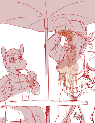 2018 anthro breasts charli_(disambiguation) clothed clothing drinking duo equid equine eyewear female furniture glasses horse hyaenid jacket male mammal messy monochrome nipples open_clothing open_jacket open_topwear rick_griffin signature sketch spotted_hyena sunglasses table topwear umbrella wet wet_clothing // 893x1155 // 754.4KB