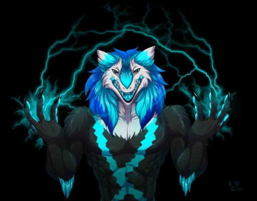 2017 angry anthro black_background electricity male muscular muscular_anthro muscular_male open_mouth sergal silvergrin simple_background solo tongue volt // 1280x999 // 163.8KB
