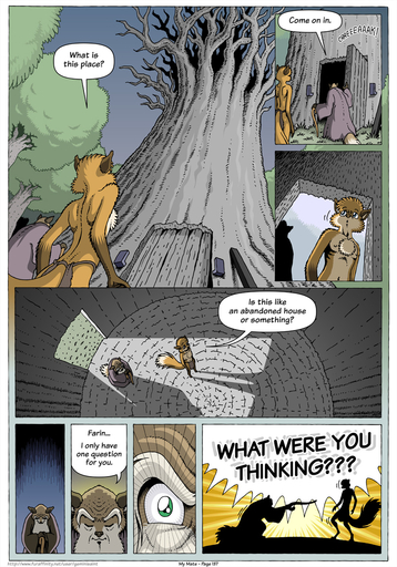 aldus angry anthro beard blue_eyes bottomwear canid canine clothed clothing comic dialogue english_text facial_hair farin fox fur geminisaint green_eyes hi_res loincloth male mammal mature_anthro mature_male plant tan_body tan_fur text topless tree // 896x1280 // 517.8KB