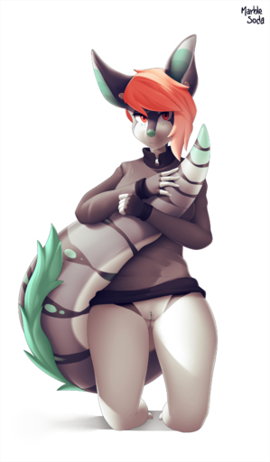 anthro biped bottomless clothed clothing digital_media_(artwork) ear_piercing female freckles genitals hair hi_res holding_tail kneeling looking_at_viewer mammal marblesoda piercing pussy red_eyes simple_background solo studio_(subtershea) tail_hug white_background // 1000x1715 // 741.2KB