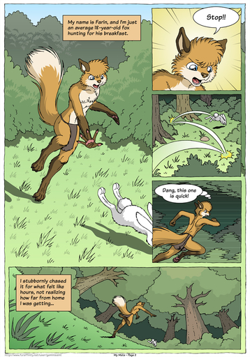 2015 4_toes anthro barefoot bottomwear canid canine chasing clothed clothing comic day detailed_background dialogue duo english_text farin feet feral forest fox fur furgonomics geminisaint hi_res lagomorph leporid loincloth male mammal nature outside pawpads pink_pawpads plant rabbit running soles speech_bubble tail_clothing text toes topless tree tribal // 896x1280 // 506.3KB