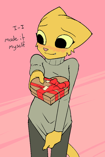 2018 anthro bethesda_softworks blush clothing digital_media_(artwork) embarrassed english_text felid female filthypally fur gift holding_gift holding_object holidays katia_managan khajiit looking_aside mammal nervous prequel simple_background smile solo standing sweater text the_elder_scrolls topwear valentine's_day video_games webcomic webcomic_character yellow_body yellow_fur // 610x907 // 22.9KB