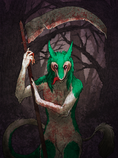 2017 anthro blood blue_eyes bodily_fluids claws detailed_background excidium forest fur green_body green_fur green_hair hair hi_res kampfkewob long_hair looking_at_viewer male melee_weapon nightmare_fuel nude outside plant polearm scythe sergal solo tail_tuft teeth tongue tongue_out tree tuft weapon white_body white_fur // 938x1250 // 1.5MB