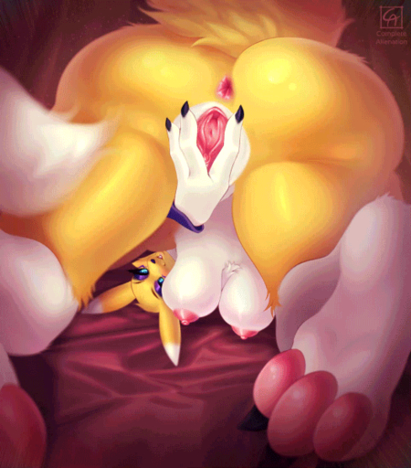 2022 animated anthro anus breasts butt claws completealienation digimon_(species) eyeshadow female fur genitals gs makeup mostly_nude nipples pawpads purple_eyeshadow pussy renamon solo spread_pussy spreading yellow_body yellow_fur // 527x600 // 9.6MB