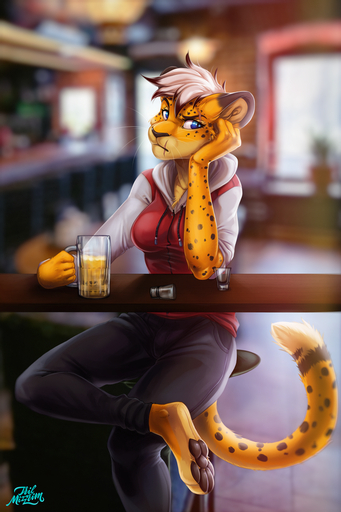 2018 2:3 5_fingers angel_eyes annoyed anthro bad_guy_cafe bar barefoot beverage biped black_pawpads blue_eyes breasts cheetah clothed clothing detailed_background digital_media_(artwork) digitigrade feet felid feline female fingers fur hair hi_res inside mammal pawpads scar shot_glass sitting solo spots spotted_body spotted_fur tril-mizzrim white_hair yellow_body yellow_fur // 800x1200 // 1.2MB