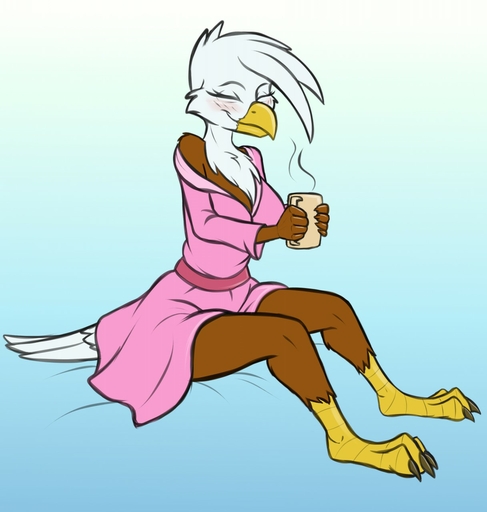 abigale_valgaln accipitrid accipitriform avian beak beverage bird clothed clothing coffee cup eagle evilymasterful feet female hi_res robe simple_background solo // 1217x1280 // 138.1KB