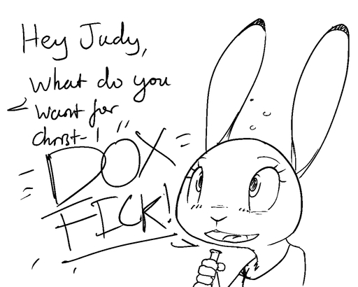 anthro black_and_white bottle clothed clothing dialogue english_text female holding_object judy_hopps lagomorph leporid mammal monochrome rabbit sketch solo text zhanbow // 1129x905 // 53.7KB