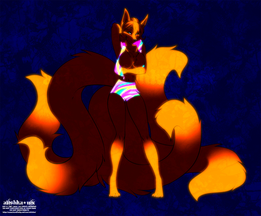 2020 alishka anthro breasts canid canine clothed clothing digital_media_(artwork) dipstick_tail eyebrows eyelashes female fox fur glowing glowing_body glowing_clothing glowing_fur glowing_markings glowing_tail inner_ear_fluff mammal markings multi_tail multicolored_tail red_body red_fur smile solo standing tuft yellow_body yellow_fur // 1280x1059 // 929.7KB
