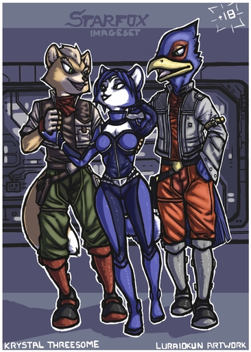 anthro avian breasts canid canine english_text eye_contact falco_lombardi feathers female fox fox_mccloud fur group hi_res krystal looking_at_another luraiokun male mammal nintendo smile star_fox text video_games // 914x1280 // 555.7KB
