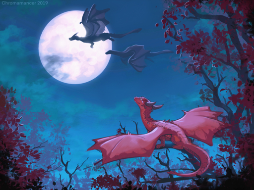 2019 4:3 chromamancer detailed_background digital_media_(artwork) dragon feral flying group hi_res membrane_(anatomy) membranous_wings moon night plant scalie speedpaint tree western_dragon wings // 1600x1200 // 2.6MB